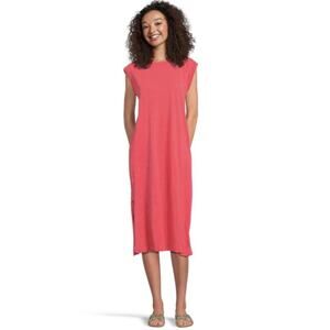 Eileen Fisher 100% Organic Linen Relaxed Fit Boxy Coral Shift Midi Dress XS Ac11